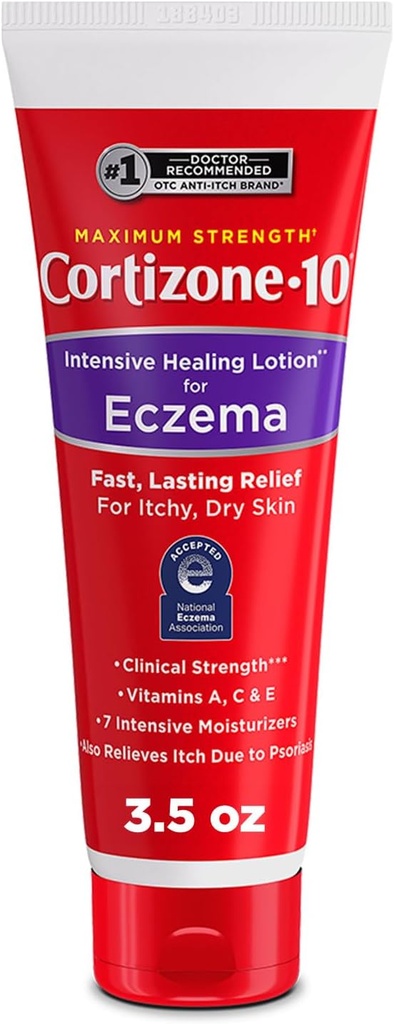 Cortizone-10 Maximum Strength Intensive Healing Itch Relief Lotion for Eczema, 1% Hydrocortisone, Fast-Acting, Anti-Itch Cream for Minor Skin Irritations, Rashes and Inflammation Due to Eczema, 3.5 oz