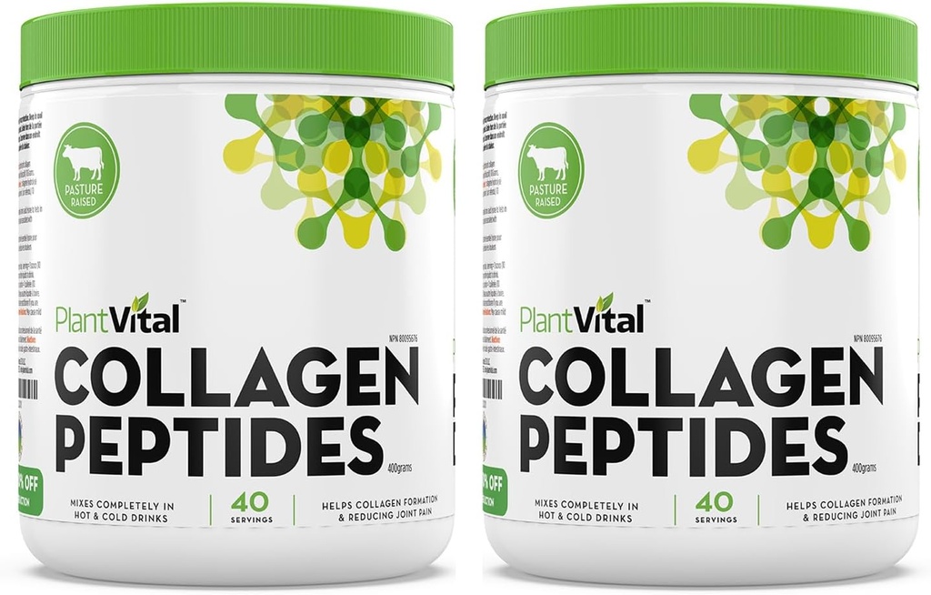 Plantvital Pure Collagen Peptides Poudre de Collagène - 100% Herbagène Poudre de Collagène - Non-OGM, Paléo Friendly - Dissolution, Non aromatisé, Fabriqué aux États-Unis. 40 Servants 400g - Pack de 2
