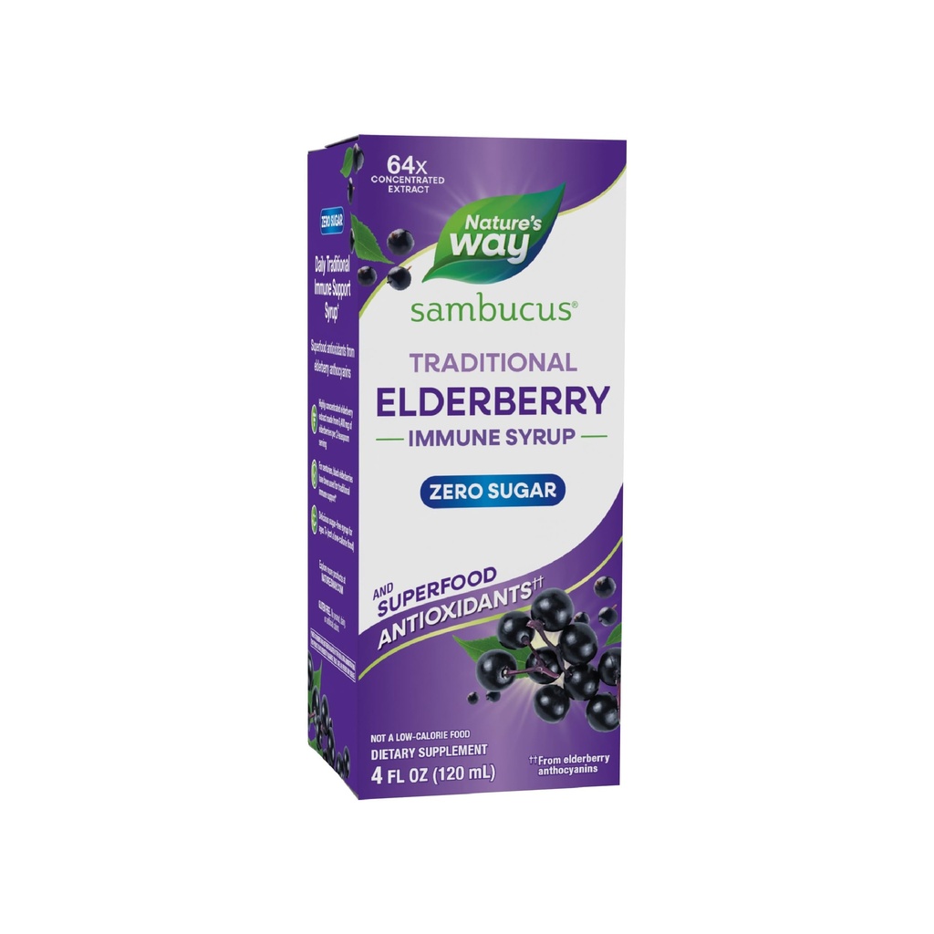 Nature’s Way Sambucus Zero Sugar Traditional Immune Syrup, Highly Concentrated Black Elderberry Extract, Traditional Immune Support*, with Superfood Antioxidants(1), 4 Fl Oz (Packaging May Vary)