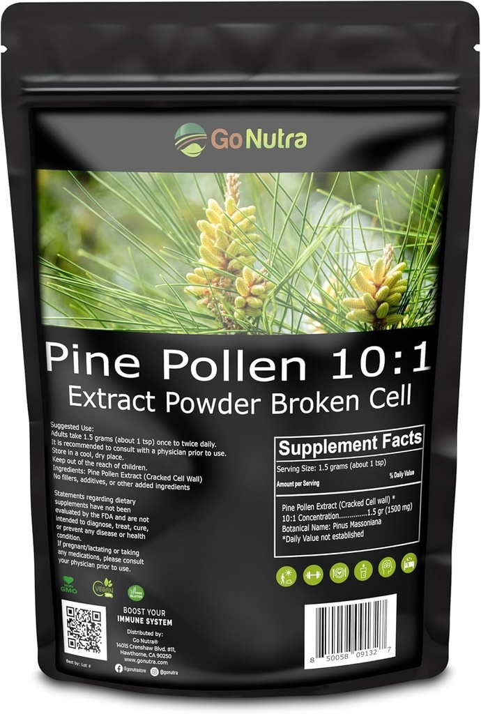 Go Nutra Pine Pollen Powder (en poudre) Wild Harvested & Broken Cell Wall (en anglais seulement) Pure 10:1 Pine Pollen Extract, Antioxydant-Rich & Androgenic (en anglais seulement) Supporte la santé, l'énergie, végétalien, non-OGM, sans gluten (en anglais seulement) 6 Once