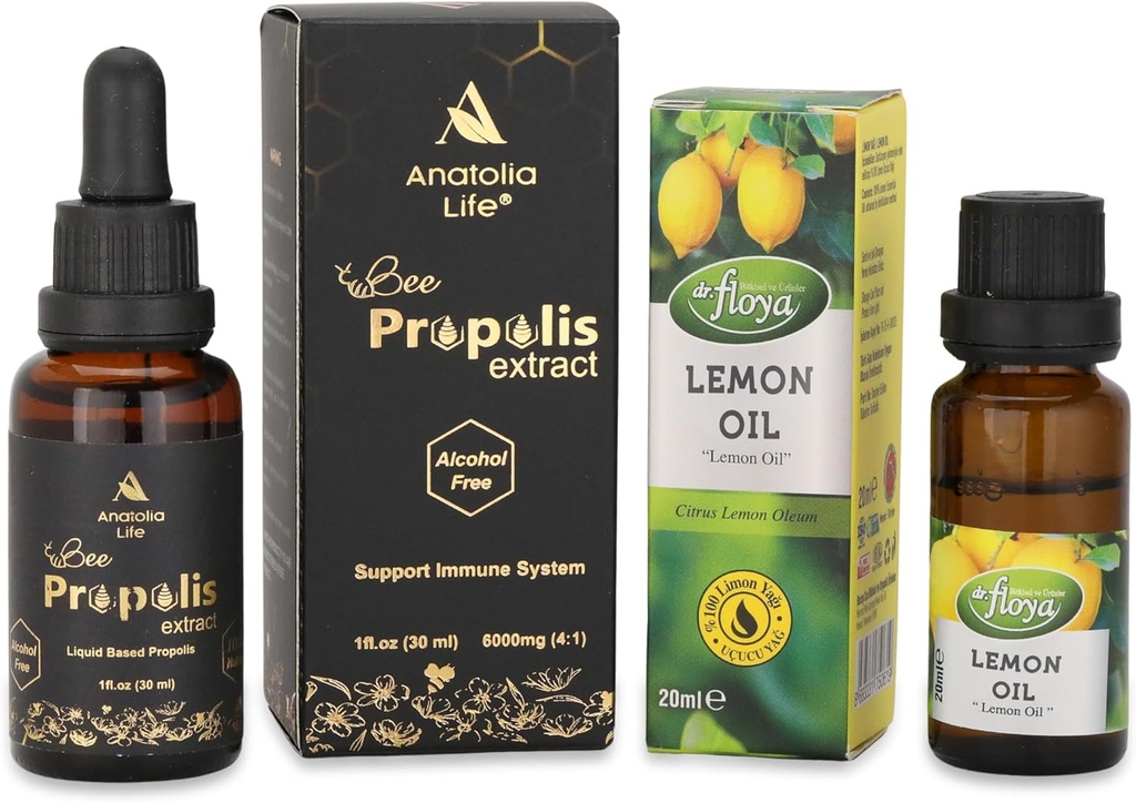 Extrait de propolis biologique 30ml et 100% naturel Huile essentielle de citron pur 20ml.