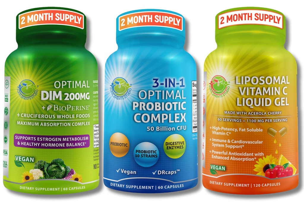 Ensemble de soutien hormonal, digestif et immunitaire - DIM 200mg avec BioPerine® et aliments entiers crucifères + Vegan 3-en-1 Probiotique 50 Million CFU + Vitamine liposomique C 1100mg avec cerise acérola - Pas de remplissage