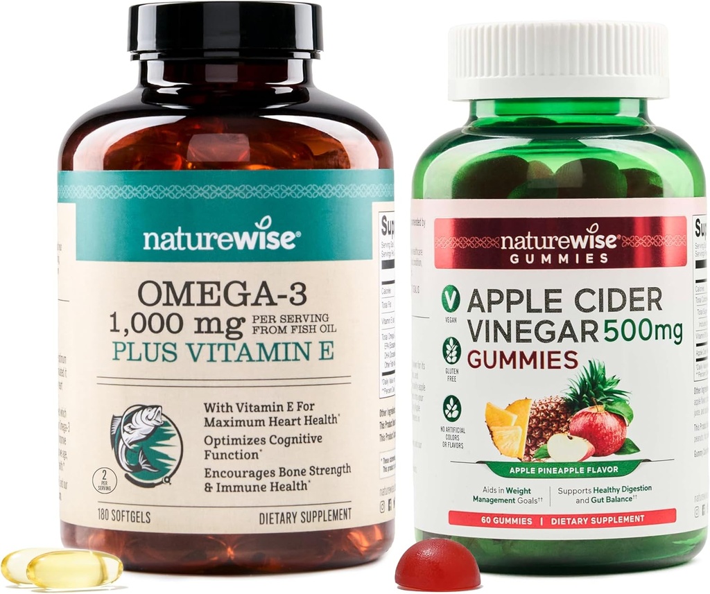 NatureWise Omega-3 Huile de poisson 1000mg avec E 180-Count+ Gommies de vinaigre de pomme 500mg avec B12, 60-Count (Vegan Gummy) - Ensemble pour le coeur, l'oeil, la santé digestive - Sans gluten, sans soja, non-OGM