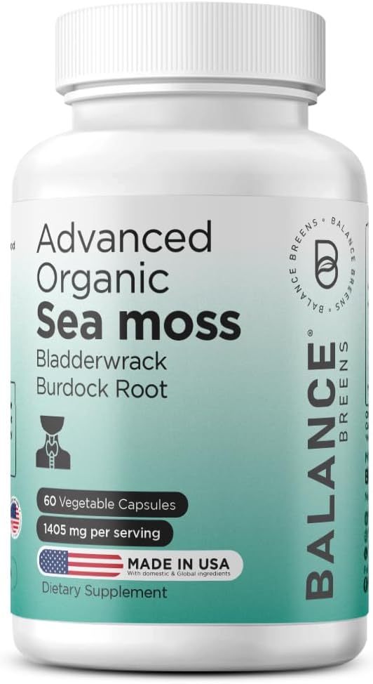 Organic Irish Sea Moss, Bladderwrack & Burdock Root Supplement 1405mg, 60 Veg Capsules - Immune Booster, Gut Health, Skin Detox & Joint Support (60 Count (Pack of 1))