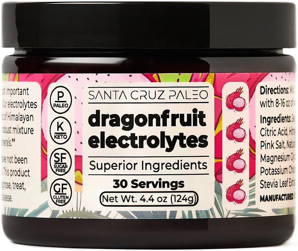 Santa Cruz Paleo Poudre d'électrolyte, Saveur de fruits dragons, boisson sans sucre Mélange avec sel rose himalayen, sel de mer, glycine de magnésium, chlorure de potassium, sucré avec Stevia, 30 portions