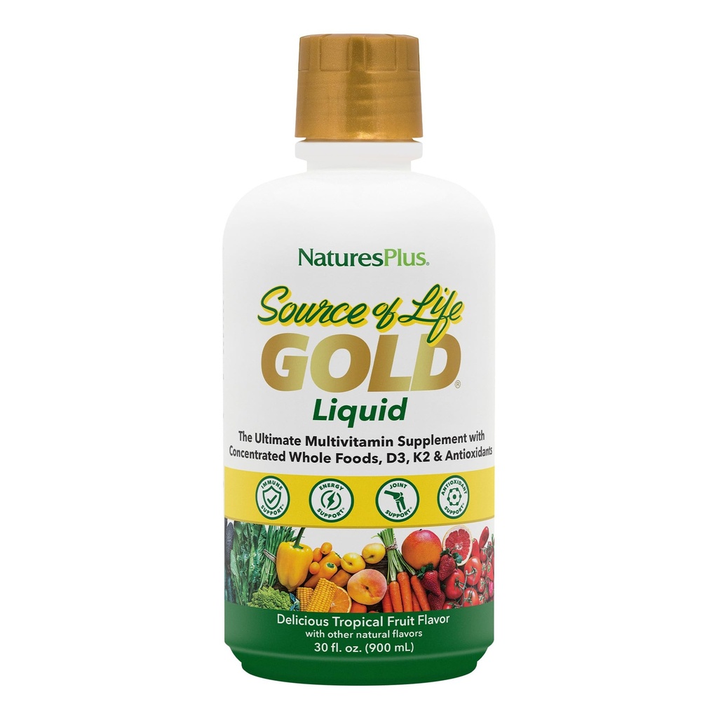 NaturesPlus Source de vie Multivitamine d'or liquide - 30 oz - avec des vitamines D3, B12 et K2 - Soutien du sang, des os et des immunes - Végétarien et sans gluten - 30 portions