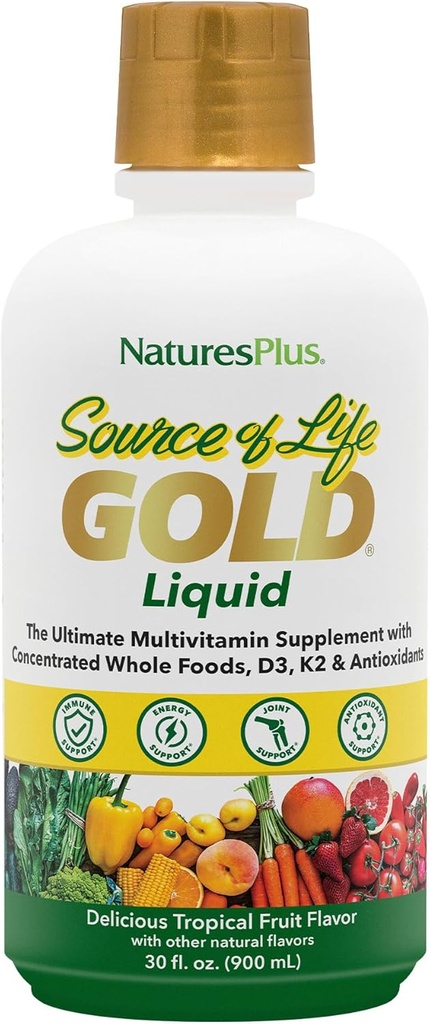 NaturesPlus Source of Life Gold Multivitamin Liquid - 30 oz - with Vitamins D3, B12 & K2 - Blood, Bone & Immune Support - Vegetarian & Gluten Free - 30 Servings