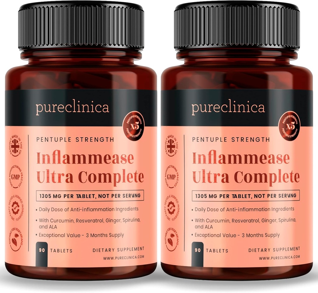 purclinica Inflammease Ultra Complete (Resvératrol, Ginger, ALA, Spiruline, Curcumin- 5 suppléments en un) 1305mg x 180 comprimés - 2 bouteilles de 90 comprimés - 6 mois d'approvisionnement!