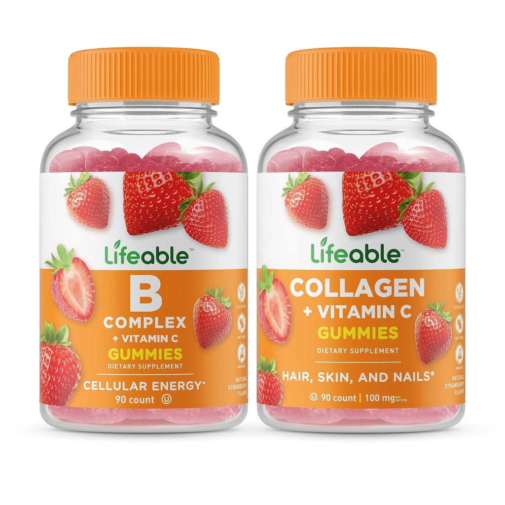 Complexe B à vie + Collagène et vitamine C, Gommies - Grande dégustation, supplément de vitamine, sans gluten, sans OGM, gommy à croquer