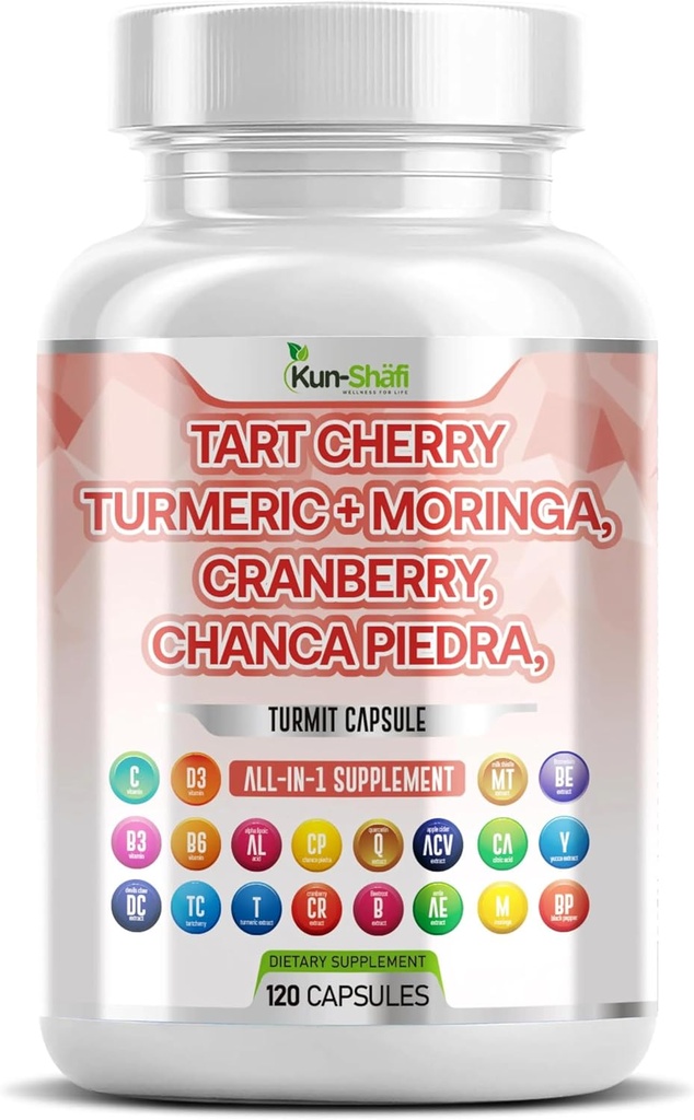 Tart Cherry Extract Capsules 20 000mg avec curcuma 8000mg Moringa 4000mg Cranberry 2000mg Chanca Piedra Celery Quercetin vinaigre de cidre Sélénométhionine de grenade L - Niveaux uriques - 120 Ct