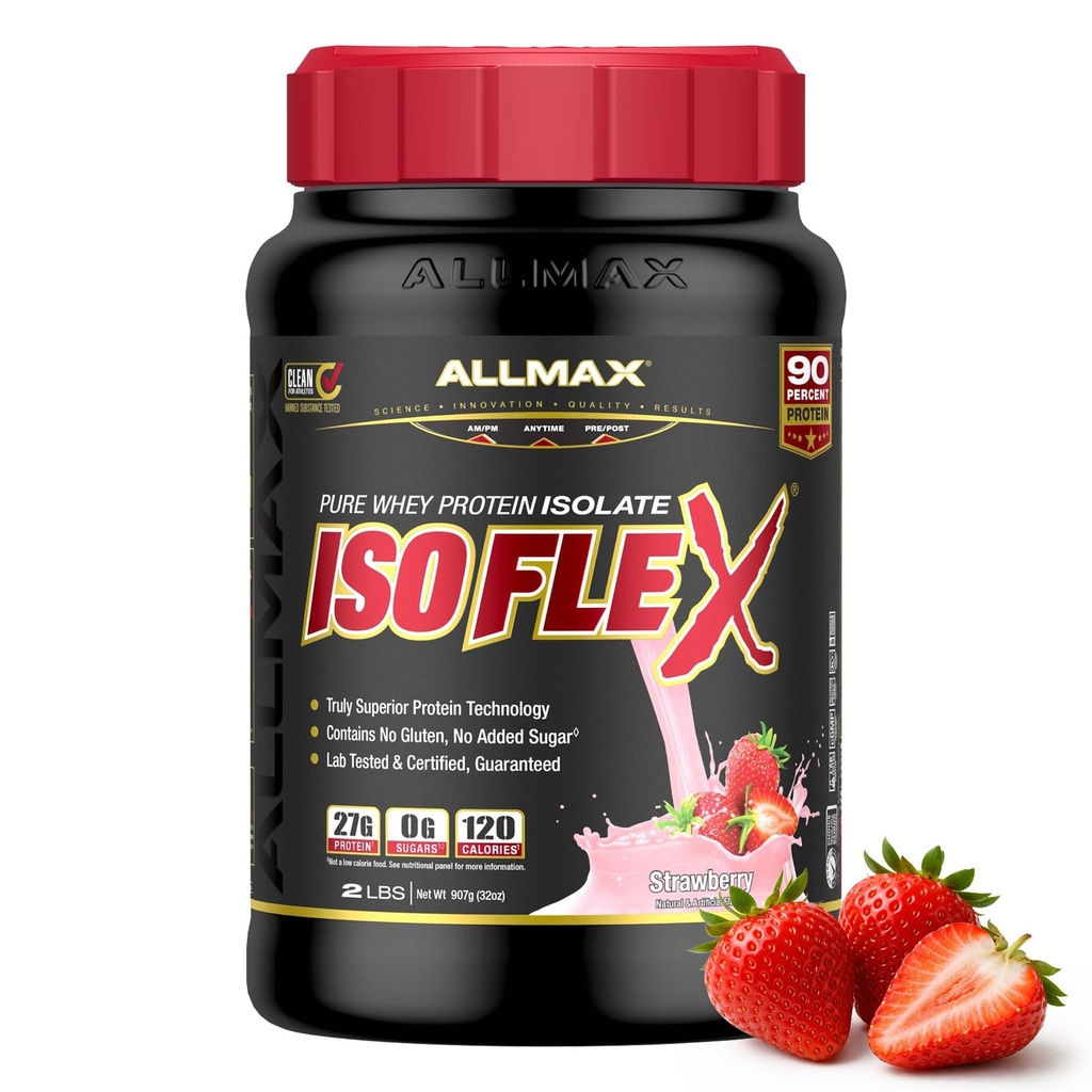 ALLMAX Nutrition ISOFLEX Isolation des protéines de lactosérum, fraise - 2 lb - 27 grammes de protéines par scoop - Zéro gras et sucre - 99% Sans lactose - Sans gluten et sans soja - Environ 30 portions
