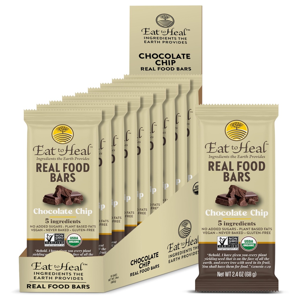 EatToHeal Chocolate Chip Real Food Bar - Organic Vegan Healthy Gluten sans barres protéinées - Bar de remplacement de repas à faible teneur en sucre, non OGM, jamais cuit au four, base végétale - conçu pour profiter, pas assis sur des étagères