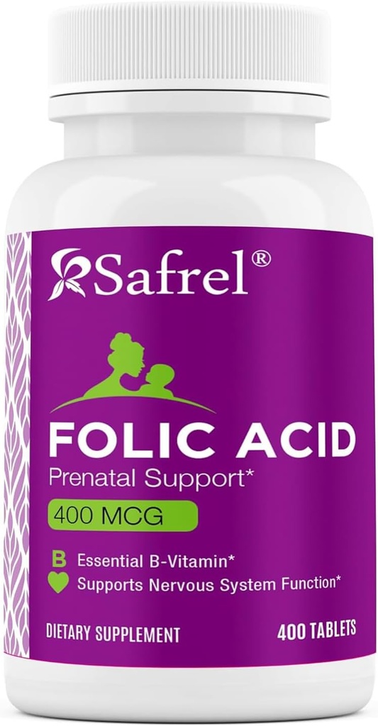Acide folique de Safrel 400 mcg - Vitamine B9-400 Comprimés, Vitamines prénatales et postnatales essentielles pour le développement foetal, la production de globules rouges, le développement cellulaire et neural