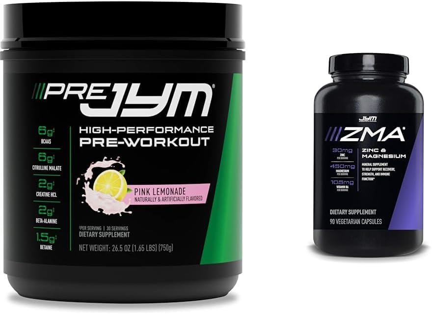 PRE JYM 30 portions Lémonade rose et JYM ZMA Zinc/Magnésium Capsules Supplément 90 Capsules végétariennes