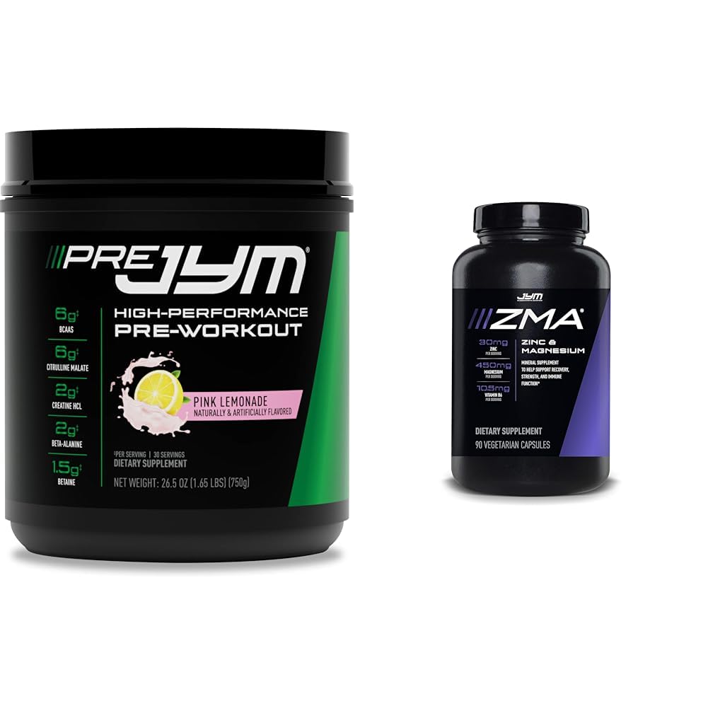 PRE JYM 30 portions Lémonade rose et JYM ZMA Zinc/Magnésium Capsules Supplément 90 Capsules végétariennes