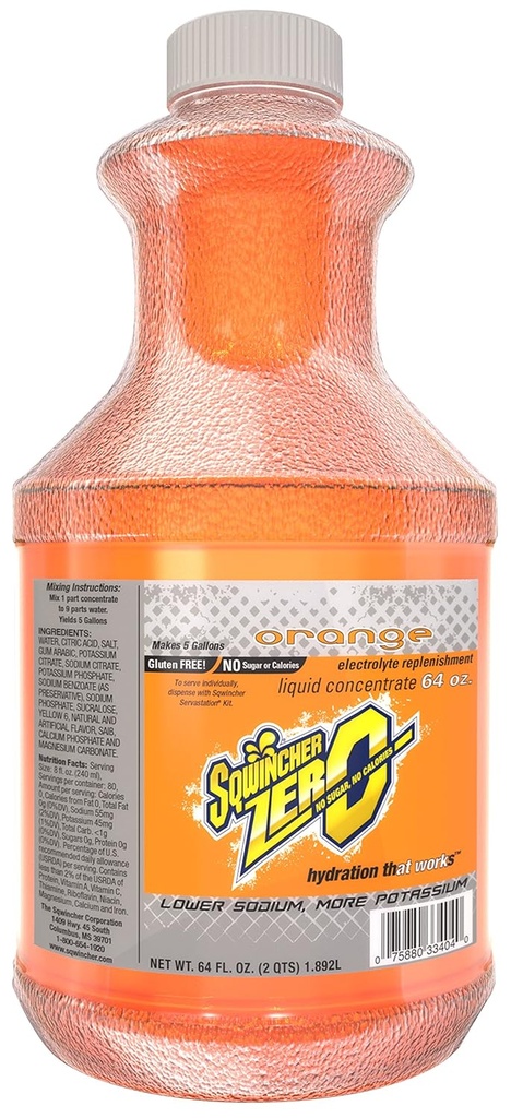 Sqwincher Zero Liquid Concentrate (en anglais seulement) Orange Aromatisé (en anglais seulement) Sans sucre (en anglais seulement) Faible teneur en calories (en anglais seulement) Faible teneur en sodium (en anglais seulement)
