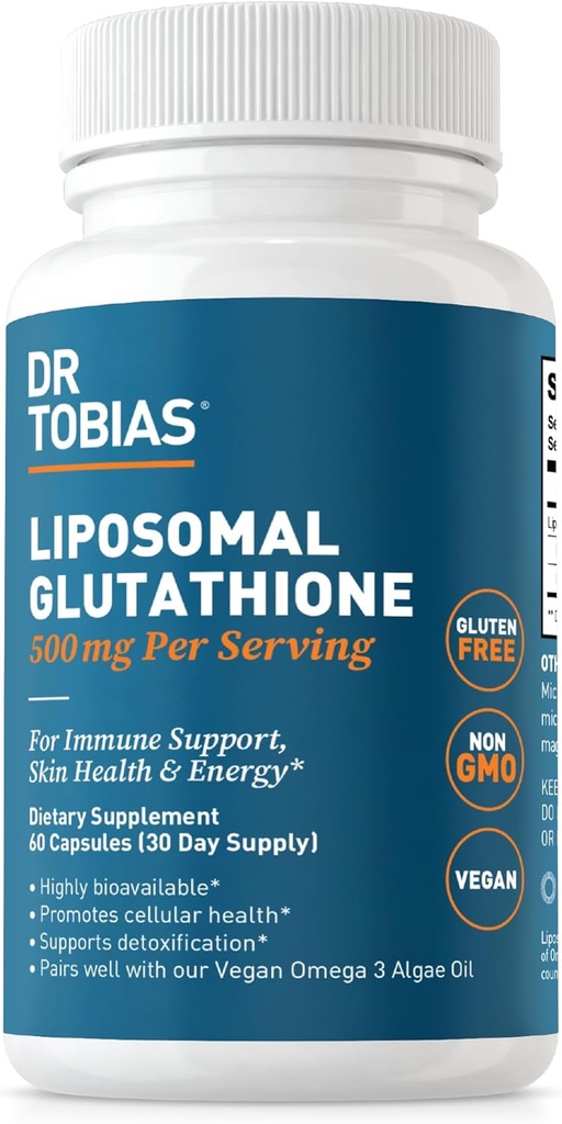 Dr Tobias Glutathion liposomique, 500mg par portion - Supplément de glutathion hautement biodisponible, soutient l'énergie, la peau et la santé immunitaire - végétalien, sans gluten, non-OGM, 60 capsules, 30 portions