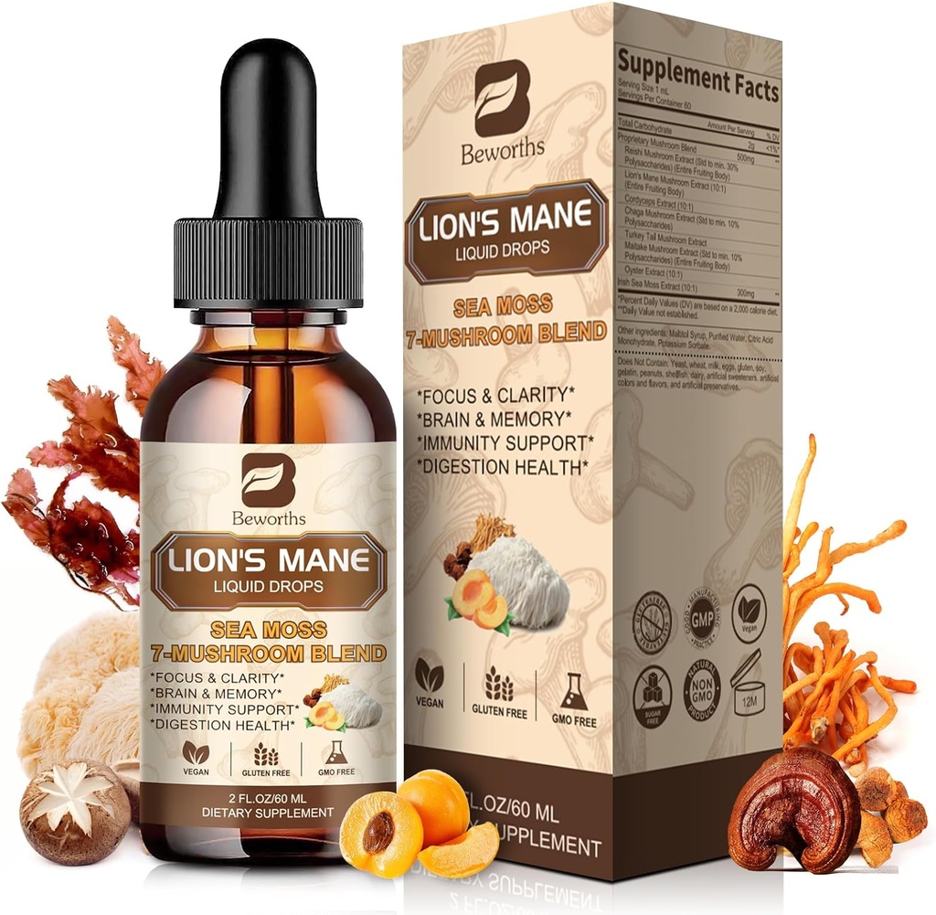 Lions Mane Mushroom Liquid Drops, 8 en 1 supplément complexe de champignons avec la mousse de mer irlandaise, Chaga, Turquie Queil, Cordyceps et plus pour le cerveau, Focus, Cognitif & Immmune Support, Vegan, Peach Flavor, 60mL