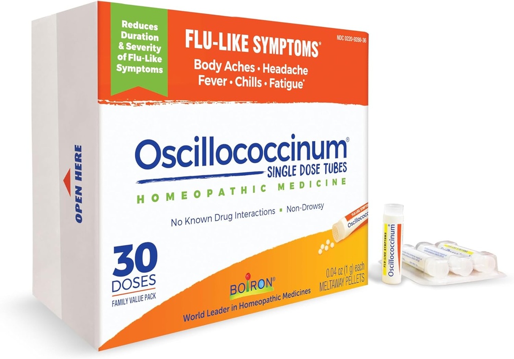 Boiron Oscillocicinum pour soulager les symptômes de la grippe comme les douleurs corporelles, les maux de tête, la fièvre, les frissons et la fatigue - 30 doses