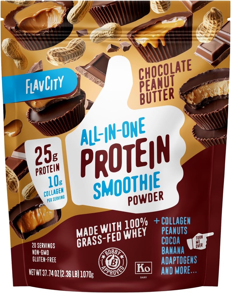 FlavCity Grass Fed Whey poudre de protéines de chocolat - chocolat beurre d'arachide - 25g de protéines et 10g de collagène - Fabriqué avec du cacao biologique et du lait de coco - sans gluten et sans sucre ajouté (20 portions)