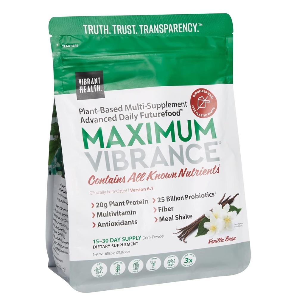 Santé vive, Vibrance maximale, supplément alimentaire à base végétale avec une multivitamine, protéines et 25 milliards UFC de probiotiques, Vanille, 15 Servir la poche