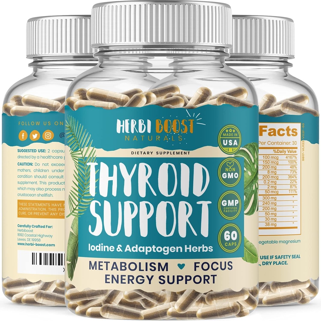 Support thyroïdien pour les femmes avec l'iode - 1069mg Supplément de force supplémentaire pour le métabolisme, Focus avec Ashwagandha, L-Tyrosine, Zinc, Sélénium et plus