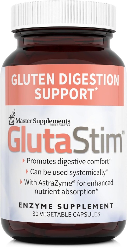 Suppléments maîtres GlutaStim - 30 Capsules végétales - Gluten Digestion Support - Fournit un soutien digestif + gaz et dégel - Vegan, sans gluten - 30 portions