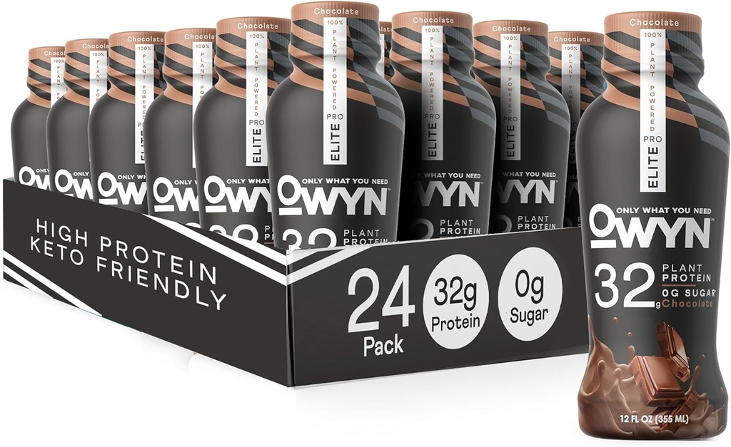 OWYN seulement ce dont vous avez besoin Pro Elite Vegan haute protéine Keto Shake, 32g protéines, 9 acides aminés, Omega-3, prébiotiques, entraînement et récupération, 0g de glucides nets, sucre zéro (chocolat, 12 Fl Oz (paquet de 24)