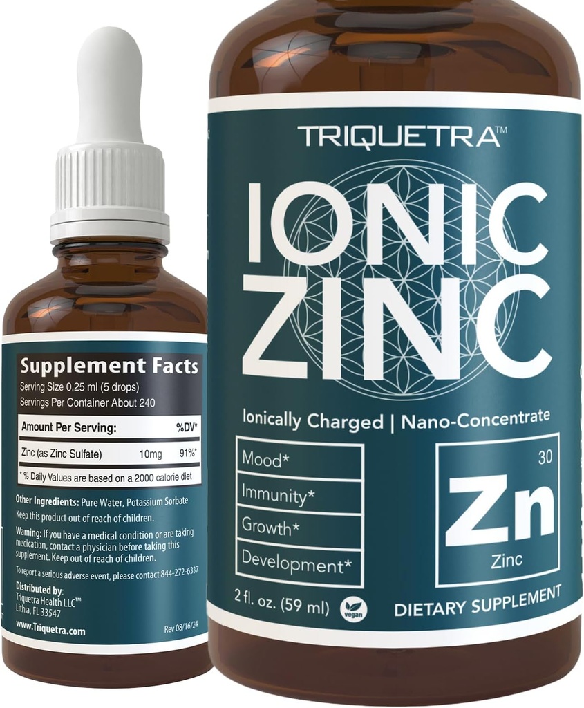Zinc liquide ionique – 8 mois d'approvisionnement, dose réglable pour les adultes – Haute absorption, végane, bouteille de verre – soutient le système immunitaire, le cerveau et la santé thyroïde – supplément minéral essentiel (2 oz)