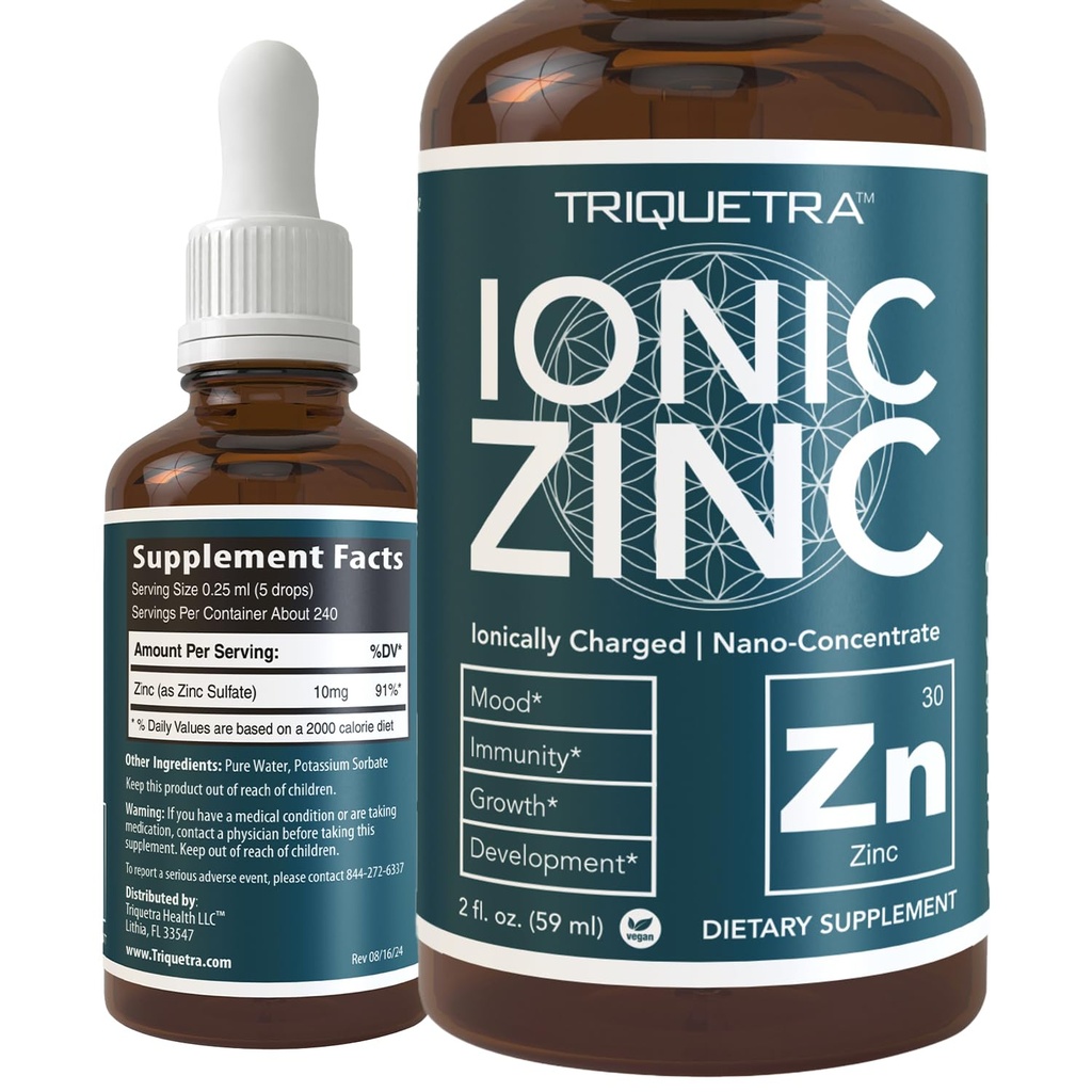 Zinc liquide ionique – Approvisionnement de 8 mois, Dosage réglable pour les adultes – Haute absorption, végane, bouteille de verre – soutient le système immunitaire, le cerveau et la santé thyroïde – supplément minéral essentiel (2 oz)
