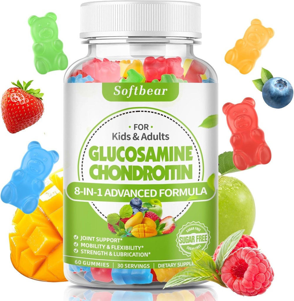 softbear Glucosamine Chondroitine Gummies pour adultes, sans sucre Chondroïtine & Glucosamine Suppléments nutritionnels pour le soutien mixte, saveur de fruits mélangés, 60 comte