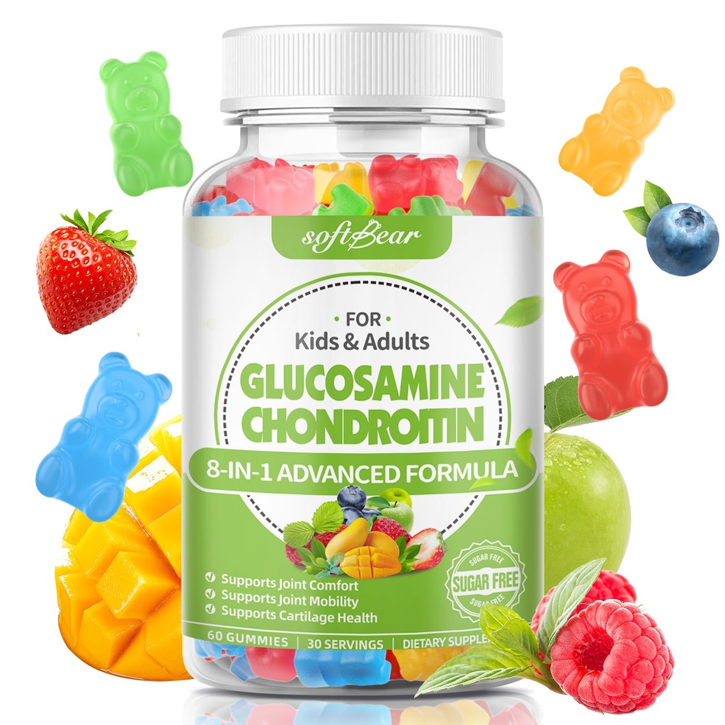 softbear Glucosamine Chondroitine Gummies pour adultes, sans sucre Chondroïtine & Glucosamine Suppléments nutritionnels pour le soutien mixte, saveur de fruits mélangés, 60 comte