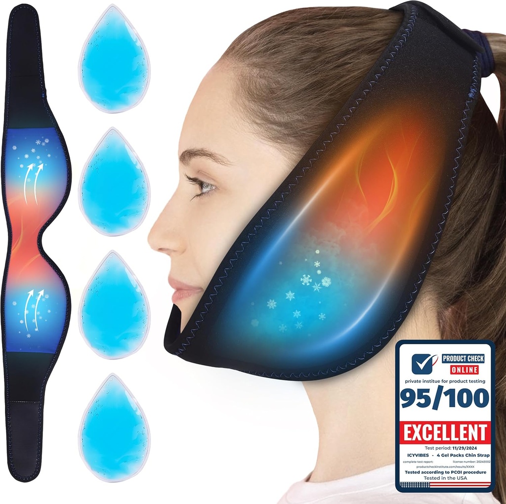 Premium 4 Gel Packs Chin Strap Flexible Hot & Cold - Ice Packs for Wisdom Teeth Refreezable Face Neck Head Airflow Jaw Bra Pack réutilisable pour dormir TMJ Relief and Pain Management Gift