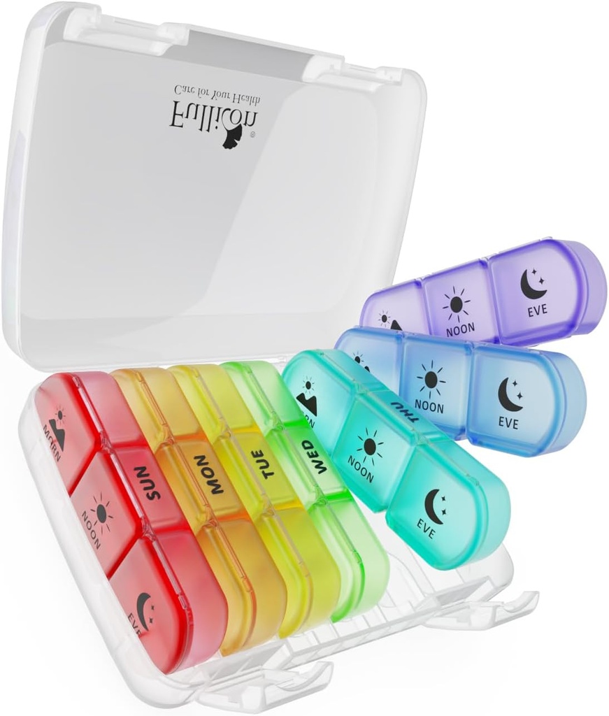 Fullicon Weekly Pill Organizer, Pill Organizer 3 fois par jour pour les voyages, Spill Proof Pill Holder 7 jours, Large Pill Organizer pour la médecine, la vitamine, l'huile de poisson et le supplément (Clear Rainbow)