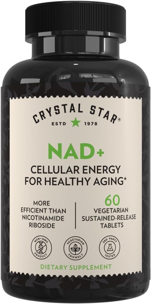 Crystal Star NAD+ (60 comprimés) - NAD breveté pour l'énergie cellulaire et le vieillissement en santé - cliniquement prouvé plus efficace que le riboside de nicotinamide - 30 jours d'approvisionnement - non-OGM