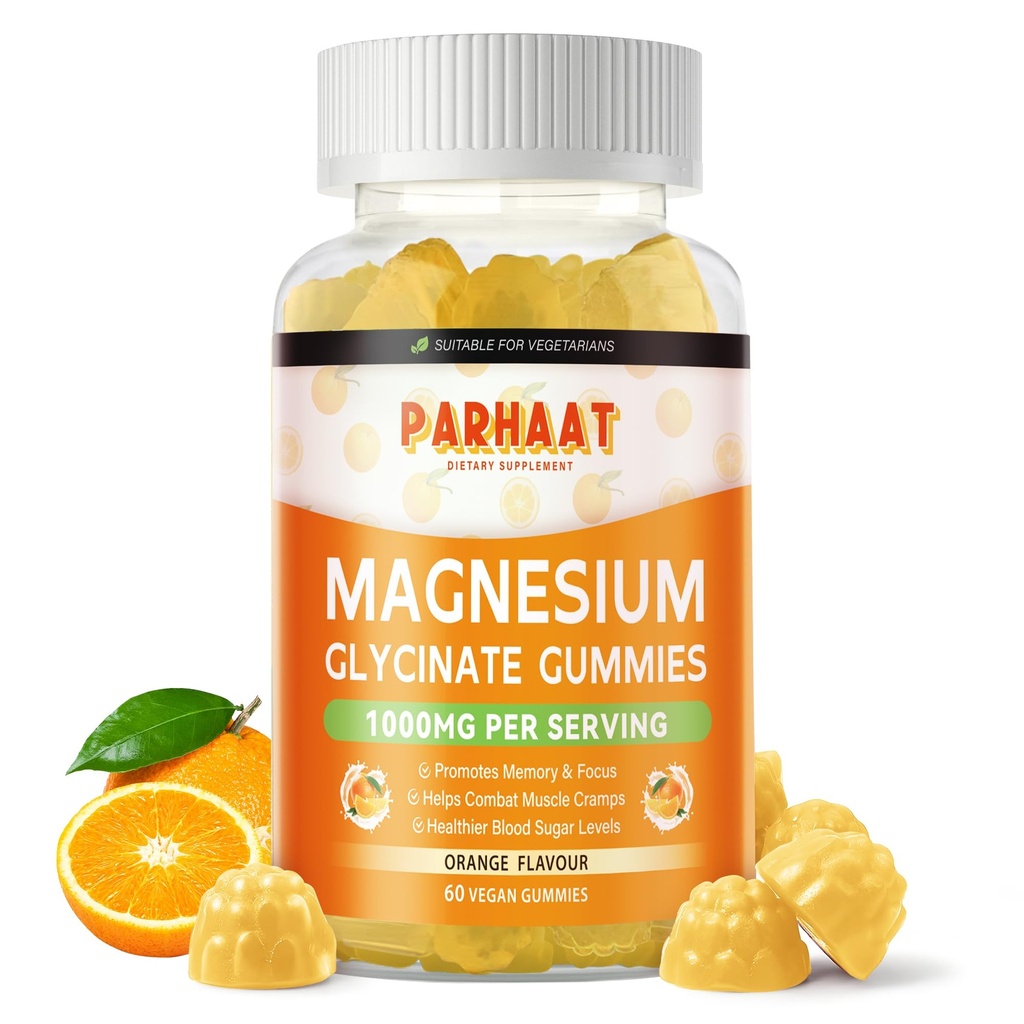 Magnesium Glycinate Gummies 1000mg - Sugar Free Magnesium Potassium Supplement with Vitamin D, B6, CoQ10 for Calm Mood & Sleep Support - 60 Orange Gummies