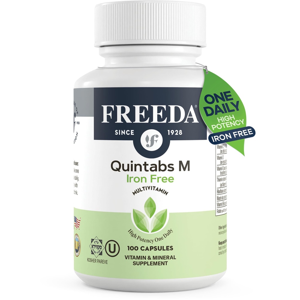 FREEDA One Daily Multivitamin Without Iron – Quintabs-M Iron-Free – Kosher, Balanced Multivitamin Supplements for Adults, Men & Women's Health Complete Multivitamins (100 Capsules)