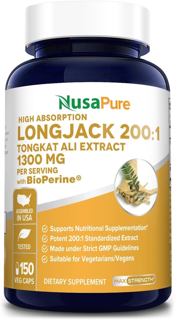 NusaPure Longjack Tongkat Ali 260 000mg 150 Veggie Caps (non-OGM, sans gluten) Biopérine