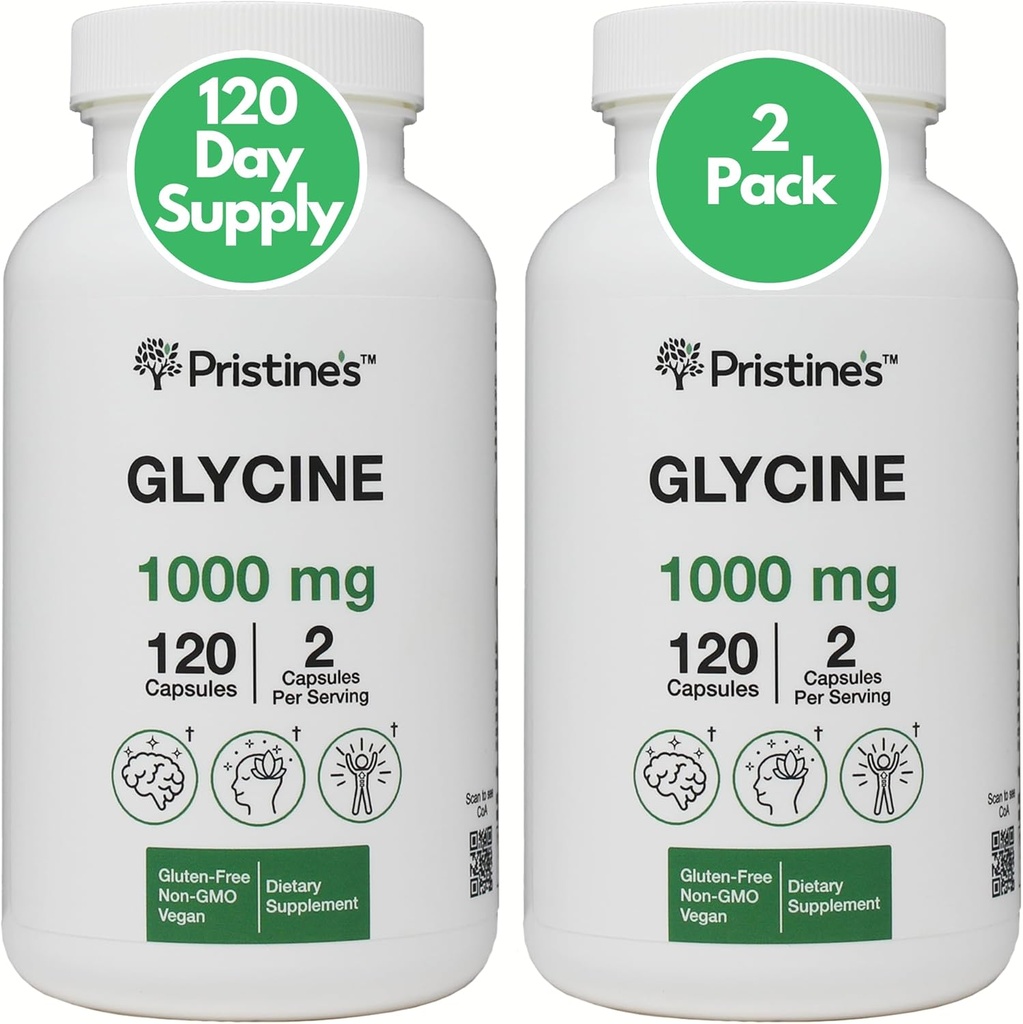 PRISTINE'S Glycine (2 Pack) 1000MG Amino Acid Supplément de soutien du sommeil Capsules - 120 jours d'approvisionnement - Recovery musculaire, Collagène et Supplément de soutien du rein - Vegan, non OGM, sans gluten