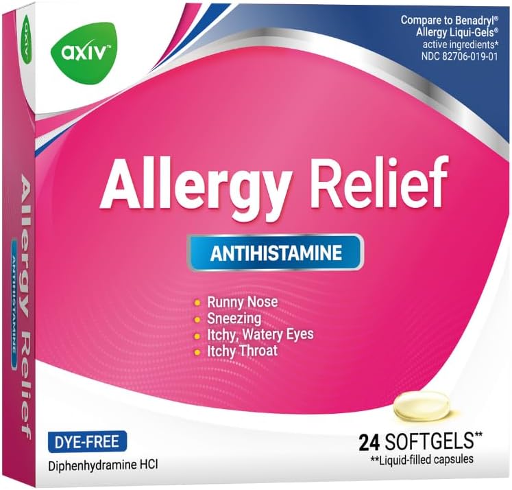 softgels antiallergiques AXIV, antihistaminique et soulagement des symptômes du froid, gels liquides sans colorants, 25 mg de HCl diphenhydramine, nez runny, éternuement, 24 softgels