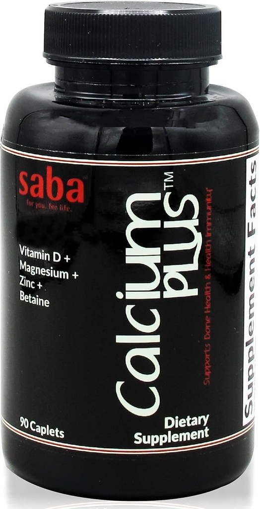 Saba Calcium Plus - Concentration osseuse - Calcium, Magnésium, Potassium, Vitamine D, Zinc, Bétaïne - OGM, Soy, Ingrédients sans gluten - Complément alimentaire entier pour la santé osseuse, Immune - 90 Caplets