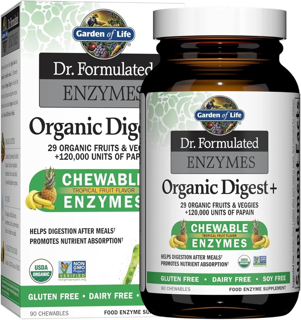 Jardin de la vie Dr formule des enzymes digestives avec la papaine, le bromelain, la lipase pour la digestion et l'absorption des nutriments – Digest+ organique - végétalien, sans gluten, non-OGM, saveur de fruits tropicaux, 90 croustilles