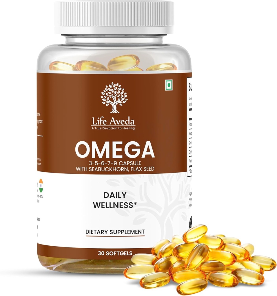 Life Aveda Omega 3-5-6-7-9 Capsules pour hommes et femmes avec Seabuckhorn et graines de lin, soutient le coeur, les cheveux, la peau et la santé articulaire et la nutrition naturelle- 30 Capsules de softgel (1 mois d'approvisionnement)
