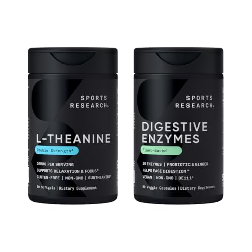 Recherche sportive Double force L-Theanine Supplément softgels Suntheanine pour focus, relaxation et alerte avec huile de noix de coco 60 Compte et enzymes digestives + Probiotiques & Ginger Plant Based 90 Compte