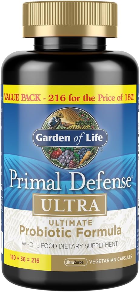 Jardin de la vie Probiotiques pour la santé digestive et l'équilibre de santé Gut, Primal Defense Ultra Ultimate Formule, 15 Milliards CFU et 13 Strains Plus HSO, Végétarien et sans gluten, 216 Capsules