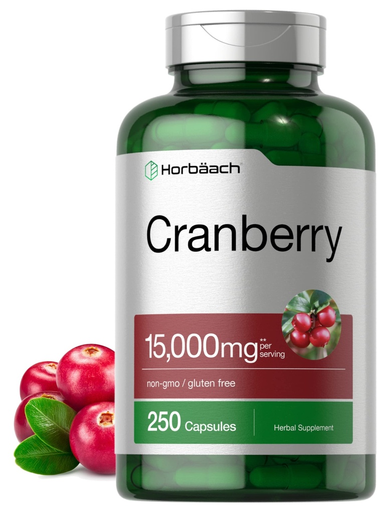 Horbäach Pilules de canneberge + vitamine C, 15 000mg, 250 capsules, Supplément sans OGM et sans gluten de l'extrait de concentré