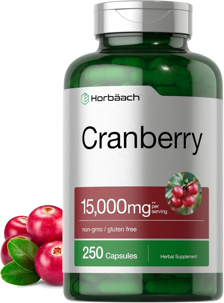 Horbäach Pilules de canneberge + vitamine C, 15 000mg, 250 capsules, Supplément sans OGM et sans gluten de l'extrait de concentré