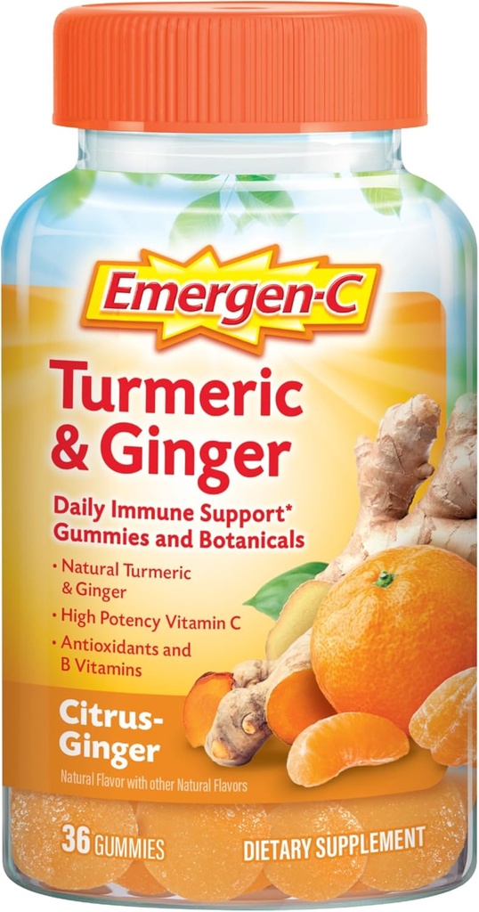 Emergen-C Gummies d'agrumes-gingembre, curcuma et gingembre, crème de soutien aux arômes naturels avec vitamine C de haute puissance, retour à l'essentiel de l'école - 36 comte