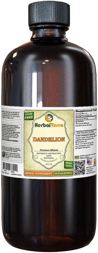 Dandelion (Taraxacum Officinale) Teinture, extrait liquide de racines séchées organiques (marque: HerbalTerra, fièrement fabriqué aux États-Unis) 32 fl.oz (0.95 l)