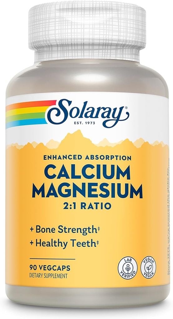 SOLARAY Supplément de magnésium au calcium, suppléments de magnésium et de calcium pour les femmes et les hommes, rapport 2:1, santé osseuse et force, végétalien, absorption élevée, garantie de 60 jours, 22 portions, 90 VegCaps
